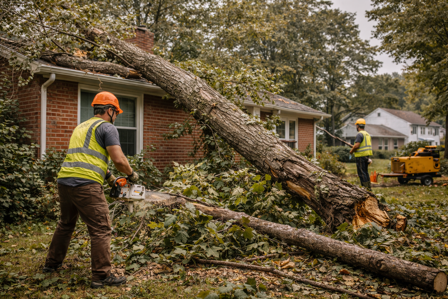 Tree removal crew using crane to safely lower a large log near a residential home