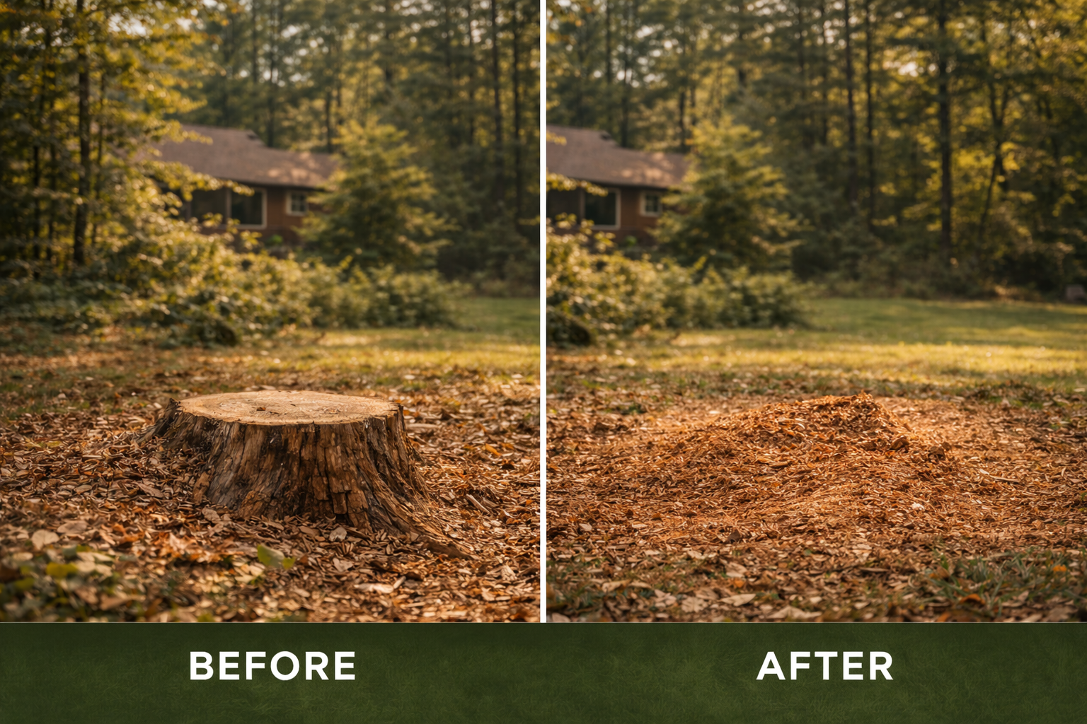 Stump grinding before and after at a residential property in Massachusetts