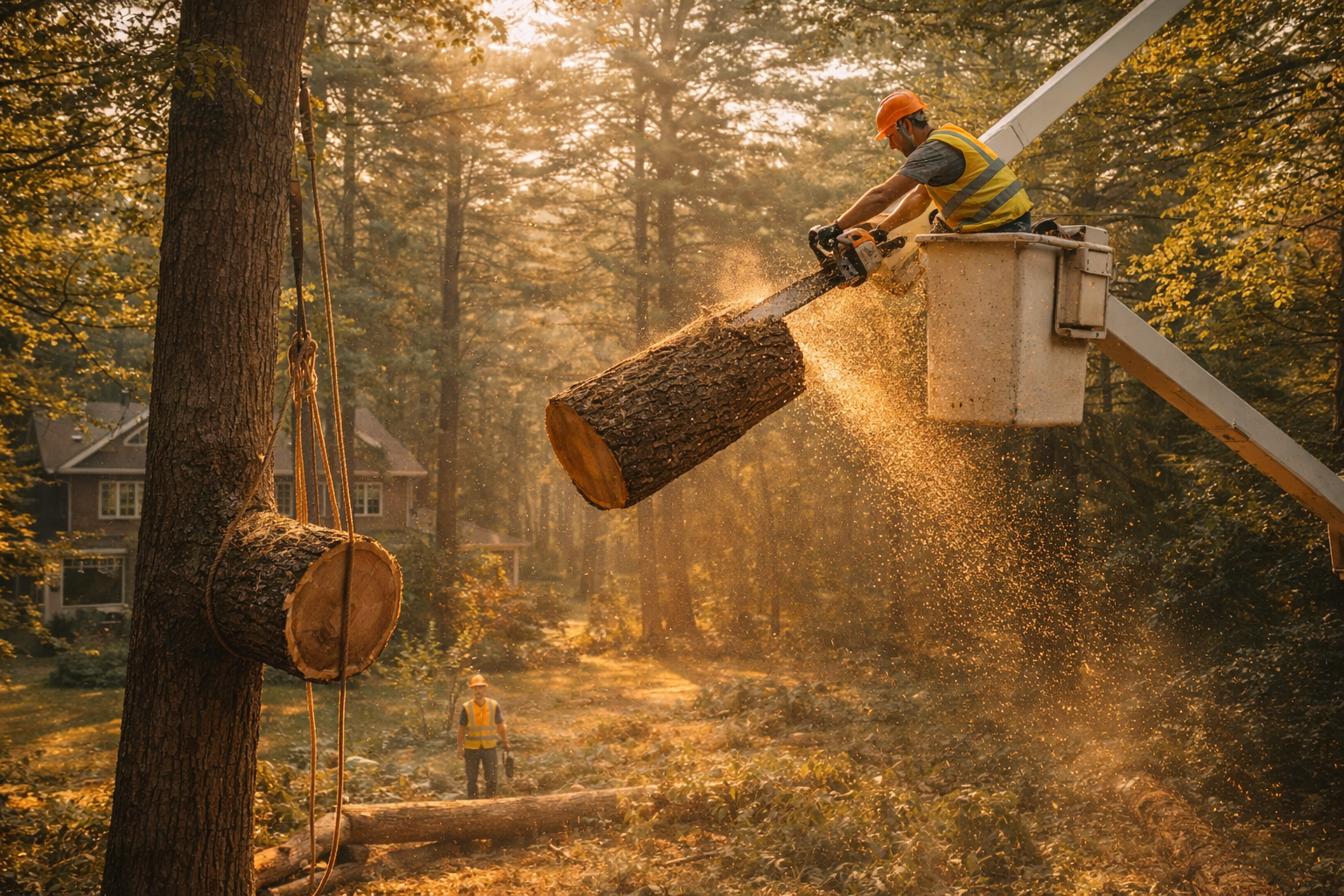 Bucket truck operator trimming a large street tree in a New England neighborhood