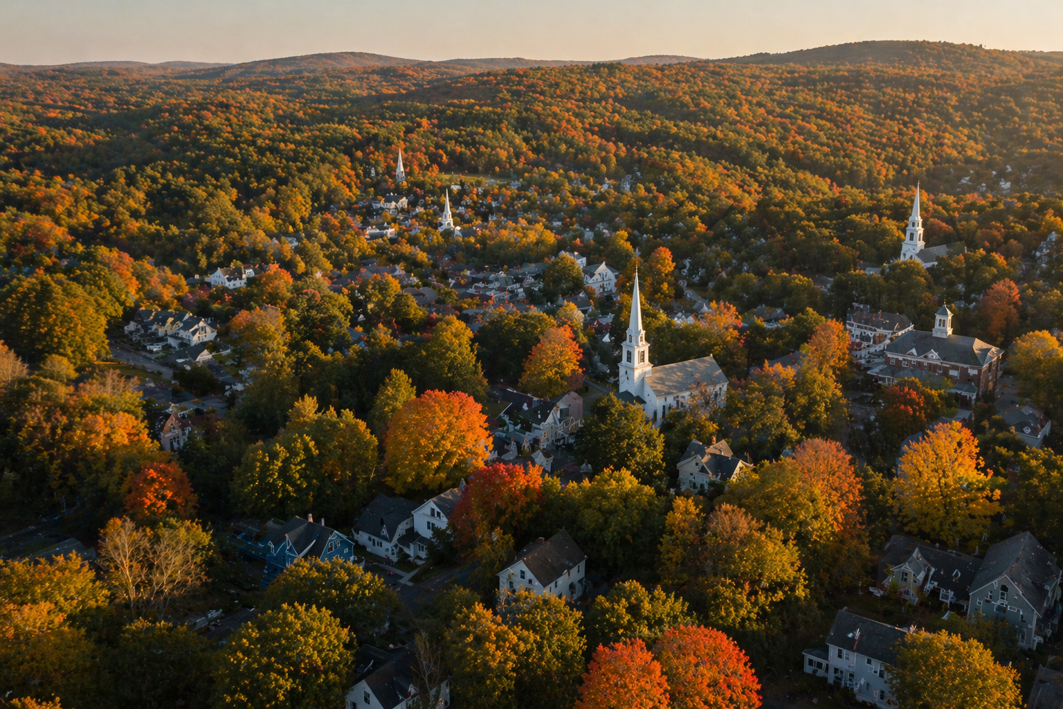 Aerial view of a New England town surrounded by fall foliage