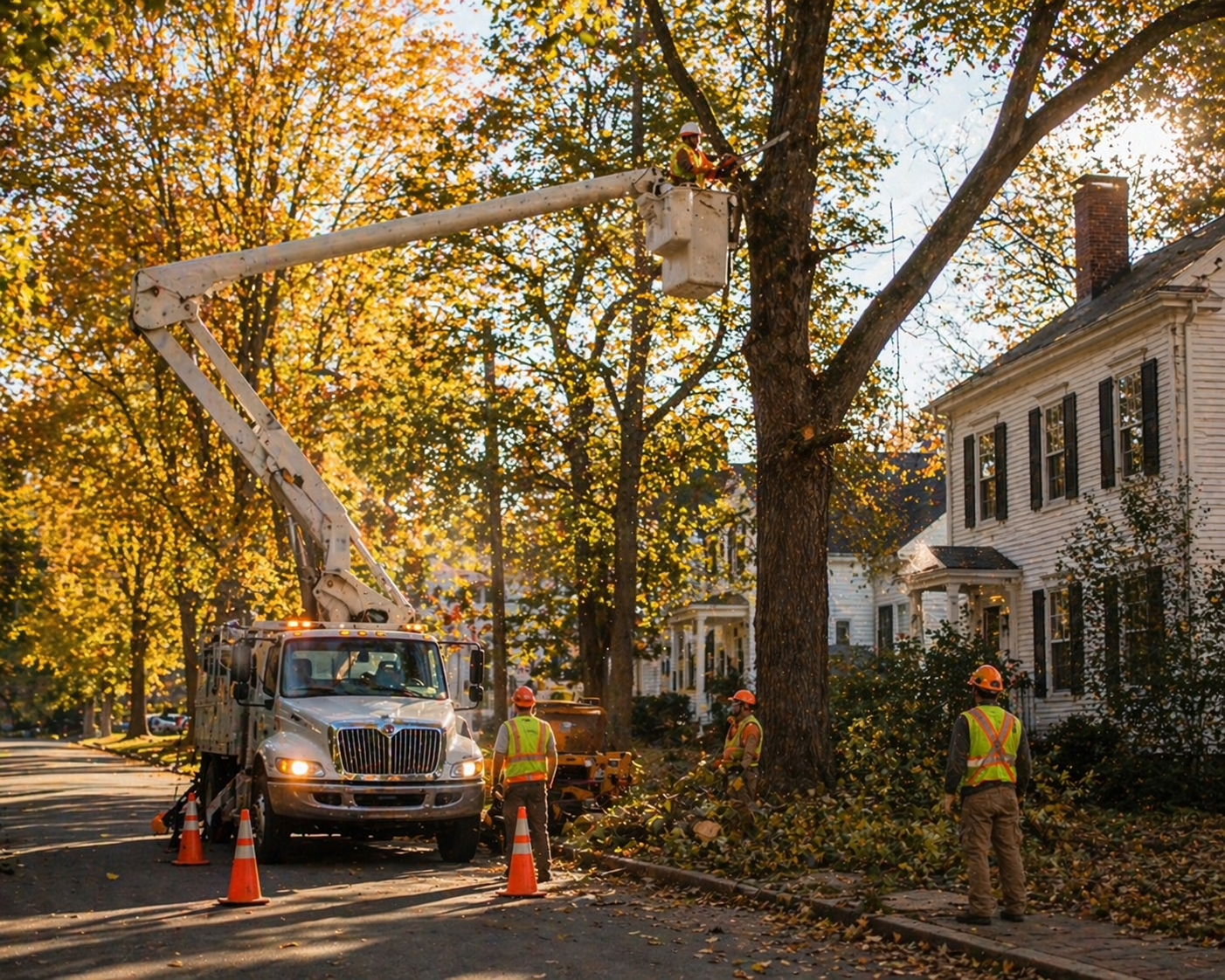 Tree service professionals working in a New England neighborhood