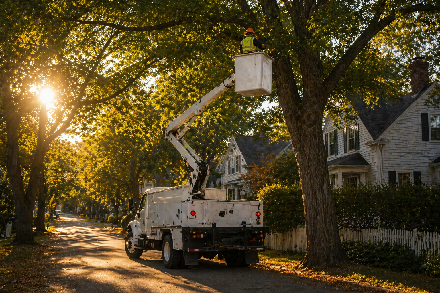 Bucket truck trimming a tree on a quiet residential street in Dudley MA
