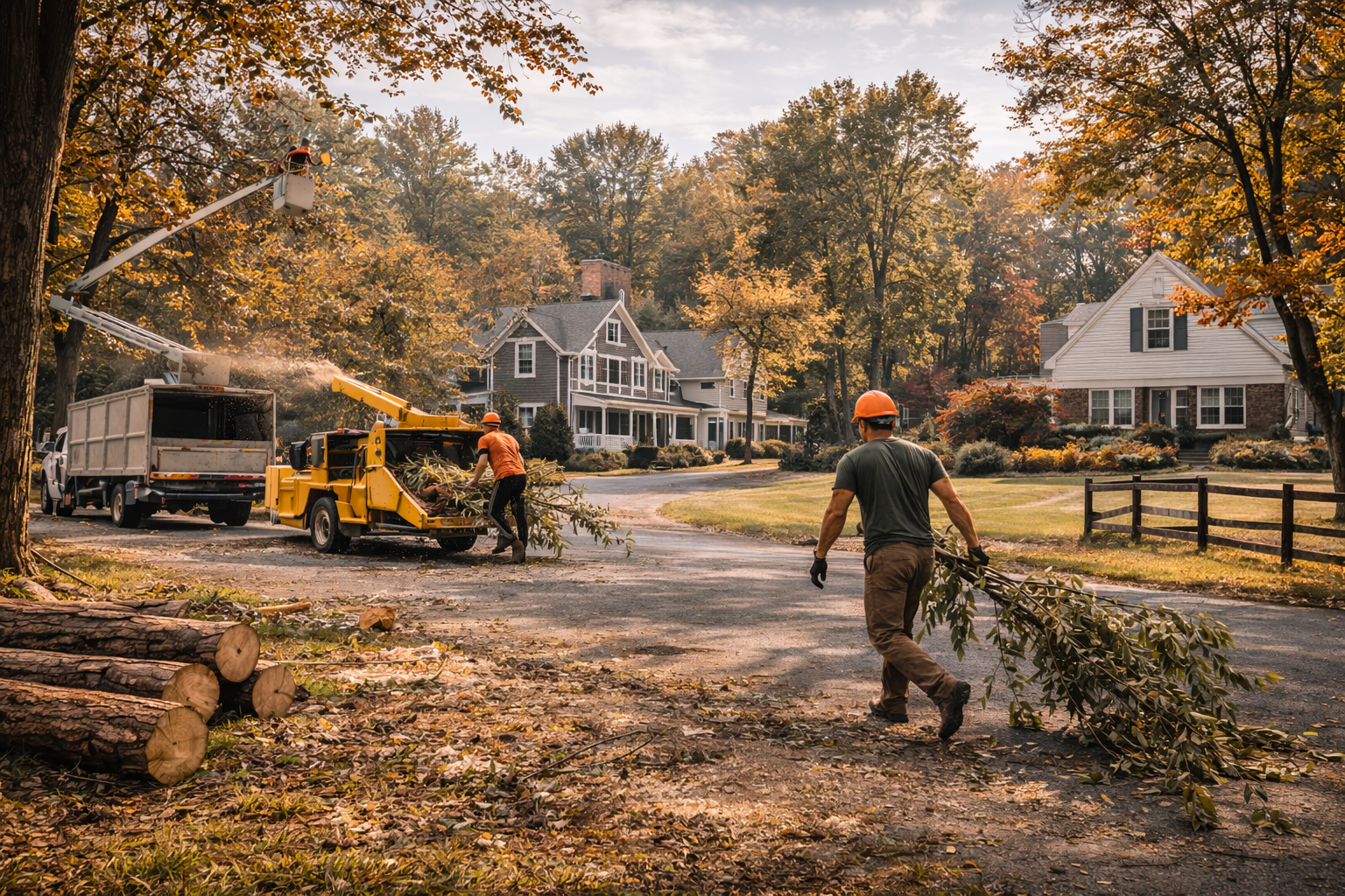 Tree removal crew clearing debris with chipper truck in front of a New England town hall